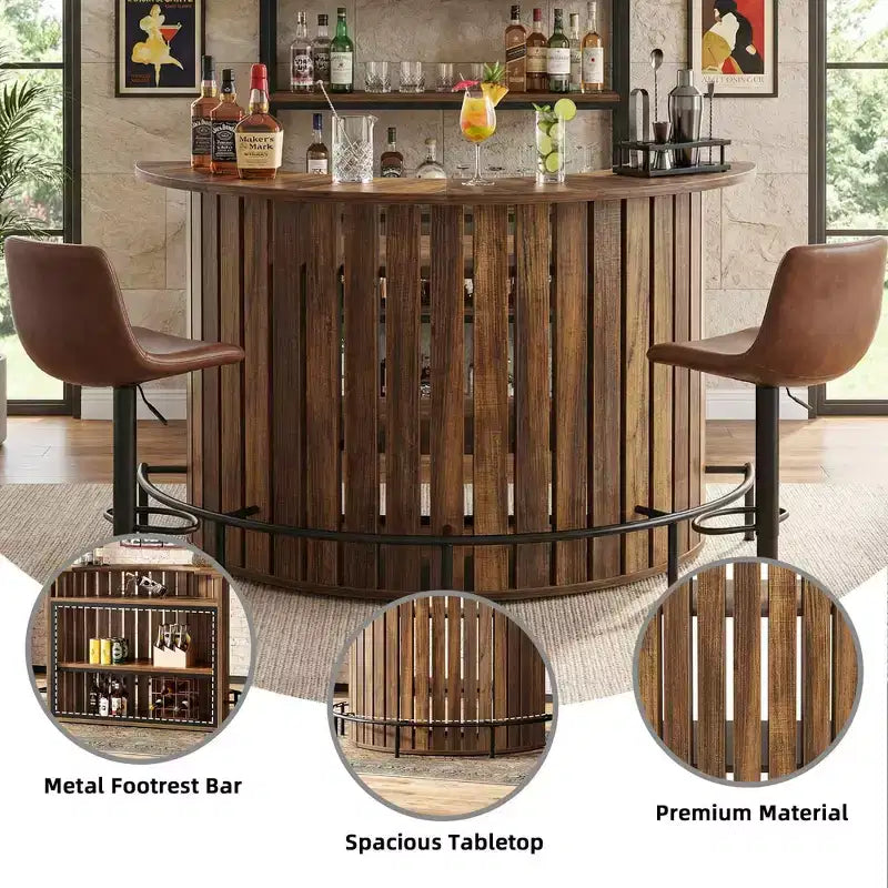 Boogvormige minibartafel met 4 opbergniveaus, modern-rustieke barkast voor thuis met voetensteun en MDF-constructie