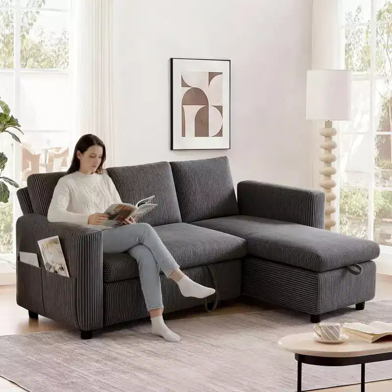 Dyonery Divano letto estraibile 2 in 1 con chaise longue contenitore, divano componibile in velluto a coste C con porte USB per il soggiorno