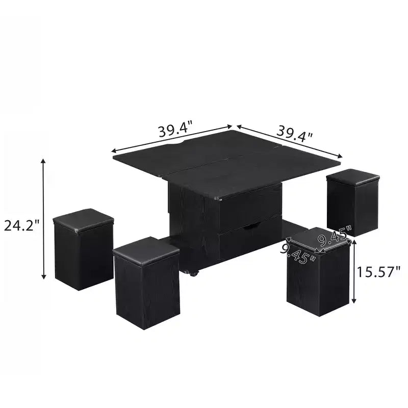 Multifunktionaler moderner Couchtisch mit Liftplatte, verborgenem Stauraum, 4 Hockern und Rollen – perfekt für moderne Wohnbereiche