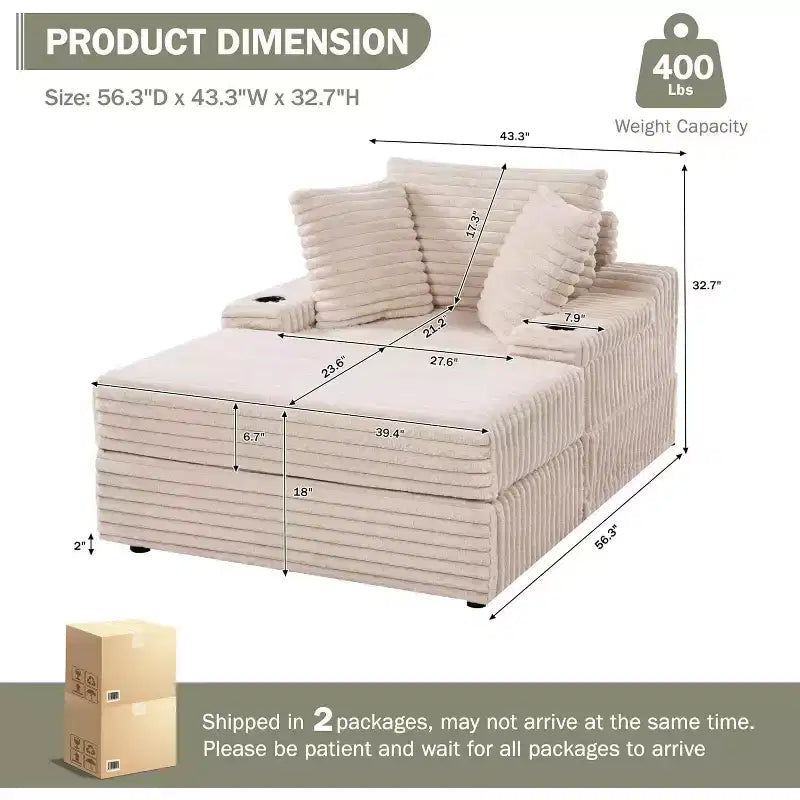Pultruna chaise longue kbira għall-użu fuq ġewwa b’ottoman għall-ħażna, sufan sodda miksija bil-korduroj, Cloud Couch, bi 3 mħaded, pultruna sufan waħda għall-irqad