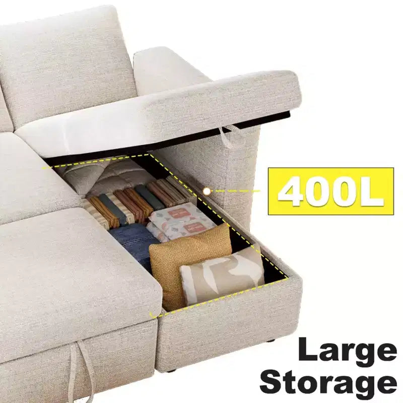 Divano letto estraibile 2-in-1 con chaise longue contenitore, divano componibile in ciniglia con porte USB per il soggiorno