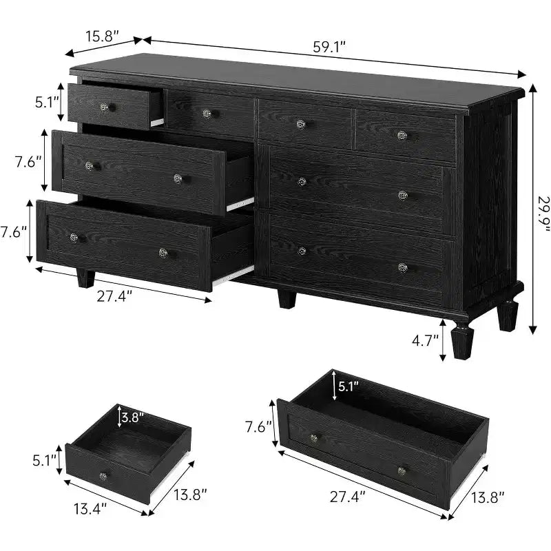 Cassettiera a 8 cassetti per camera da letto, mobile TV vintage da 59" con maniglie intagliate e gambe rastremate, cassettiera in legno con ampia capacità contenitiva
