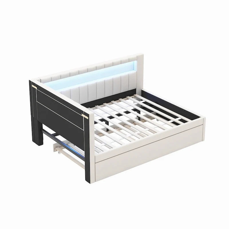 Gestoffeerd platformbed met USB-poorten en ledverlichting - bedframe voor tweepersoonsbed/twin-size met 2 opberglades - moderne slaapkamer