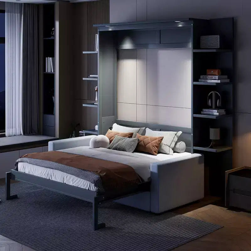 Whisen modernes Murphy-Bett in Queensize mit Holzrahmen, Wandbett mit Sofa und Regalen