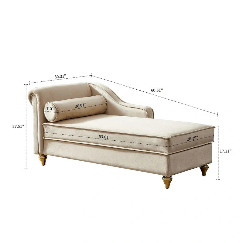 Chaise longue elegante francese rivestita in velluto con contenitore e cuscino