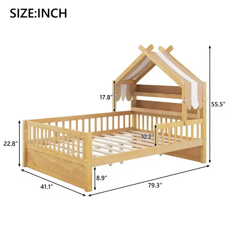 Letto a casetta in legno ModernLuxe per letto singolo/matrimoniale con testiera contenitore, struttura letto per bambini in pino massello con sponde di sicurezza