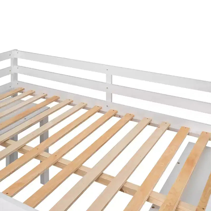 Laag hoogslaperbed in standaardformaat met uitschuifbaar bureau, 3 laden en planken