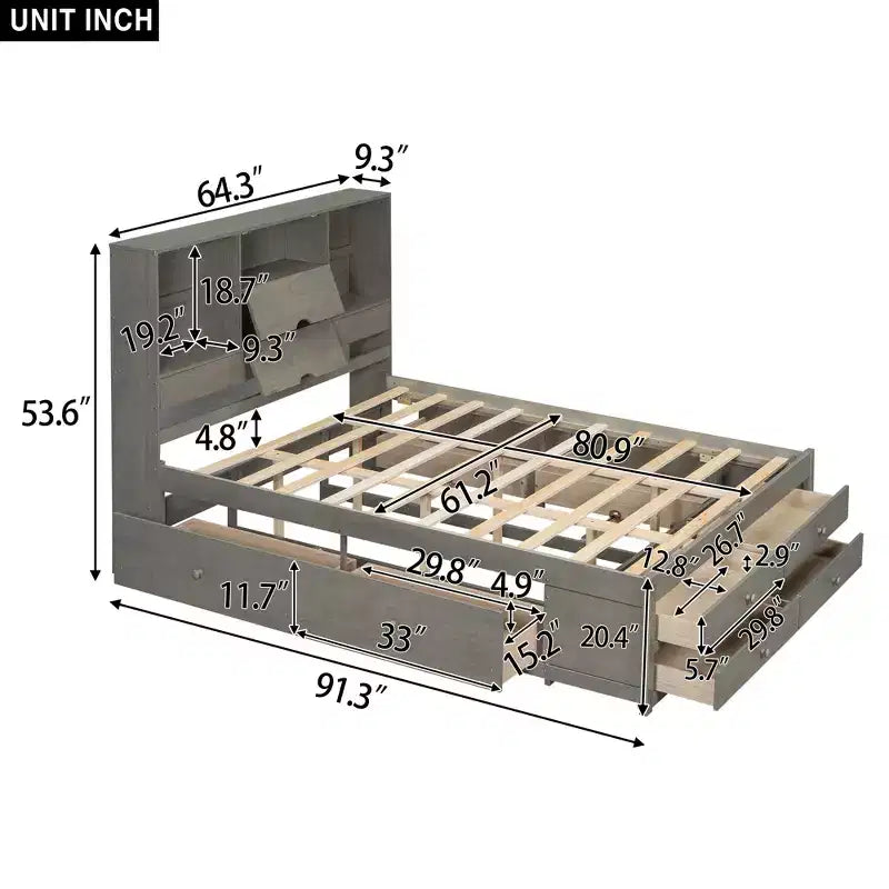 Letto matrimoniale con base a piattaforma, ripiano contenitore e 8 cassetti, facile da montare