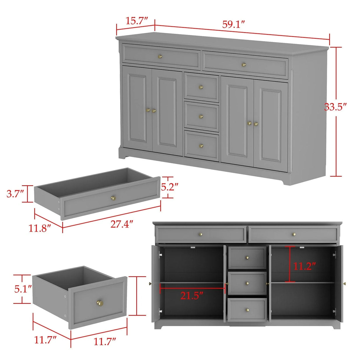 59,1' Sideboard-Buffet in Weiß, Mid-Century-Modern, zeitgemäß lackiert