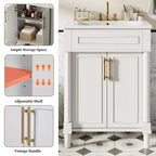 Vanity tal-kamra tal-banju ta’ 24 b’sink taċ-ċeramika, kabinett Shaker, 2 bibien b’għeluq artab u qafas tal-injam solidu għal kamra tal-banju żgħira jew powder room