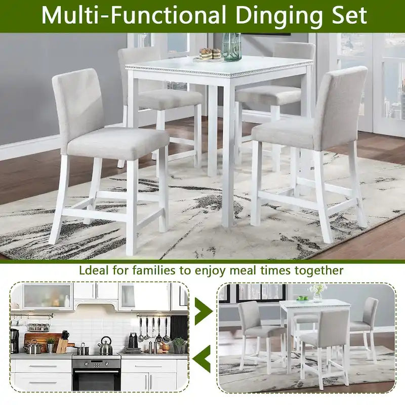 Set da pranzo moderno da 5 pezzi con tavolo quadrato ad altezza bancone e 4 sedie imbottite