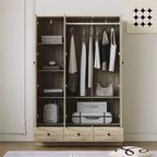 Famapy Rattan-Kleiderschrank mit 3 Schubladen, Schrank mit 3 atmungsaktiven Rattantüren, hoher Stauraumschrank im Landhausstil für das Schlafzimmer