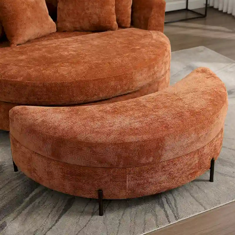 Poltrona moderna rotonda a barile con 5 cuscini e pouf opzionale