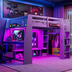 Whisen Wood Twin Size Gaming Loft Bed with Desk, Multi-storage Shelves, LED and a Hanging Clothes Rack