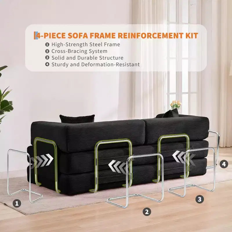 Divano letto, materasso pieghevole 5 in 1 da 78,8, divano/‌love seat, struttura in acciaio a forma fissa, velluto a coste con cuscini
