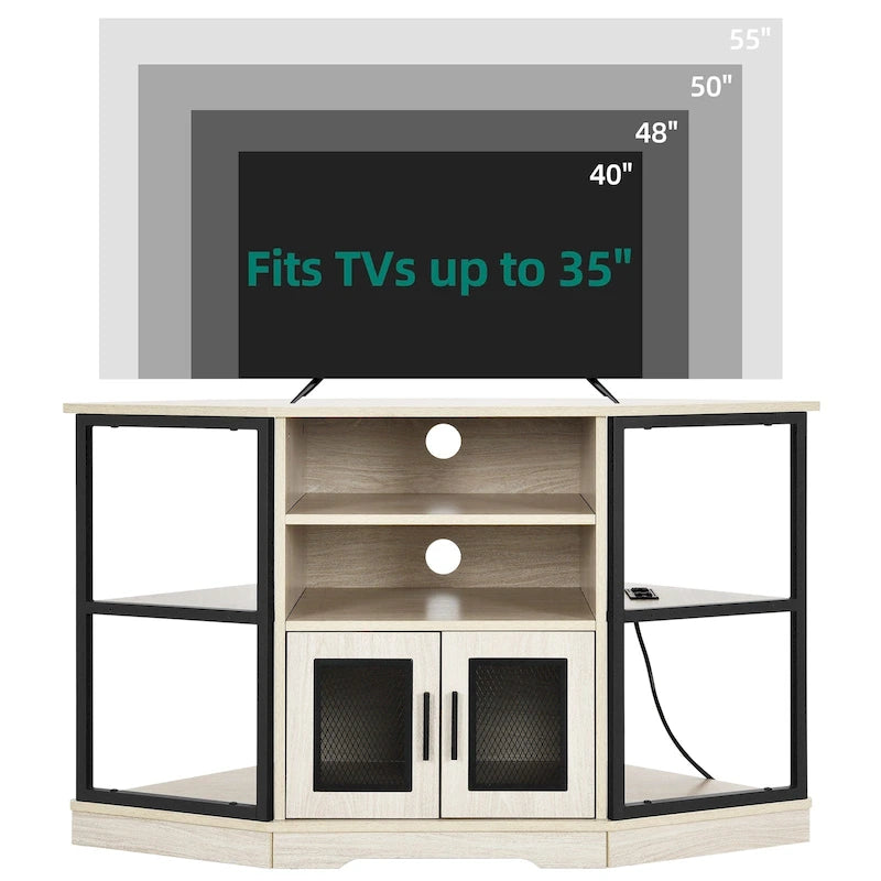 Mobile TV angolare in stile farmhouse, centro d'intrattenimento e consolle multimediale per TV fino a 55" con presa di corrente