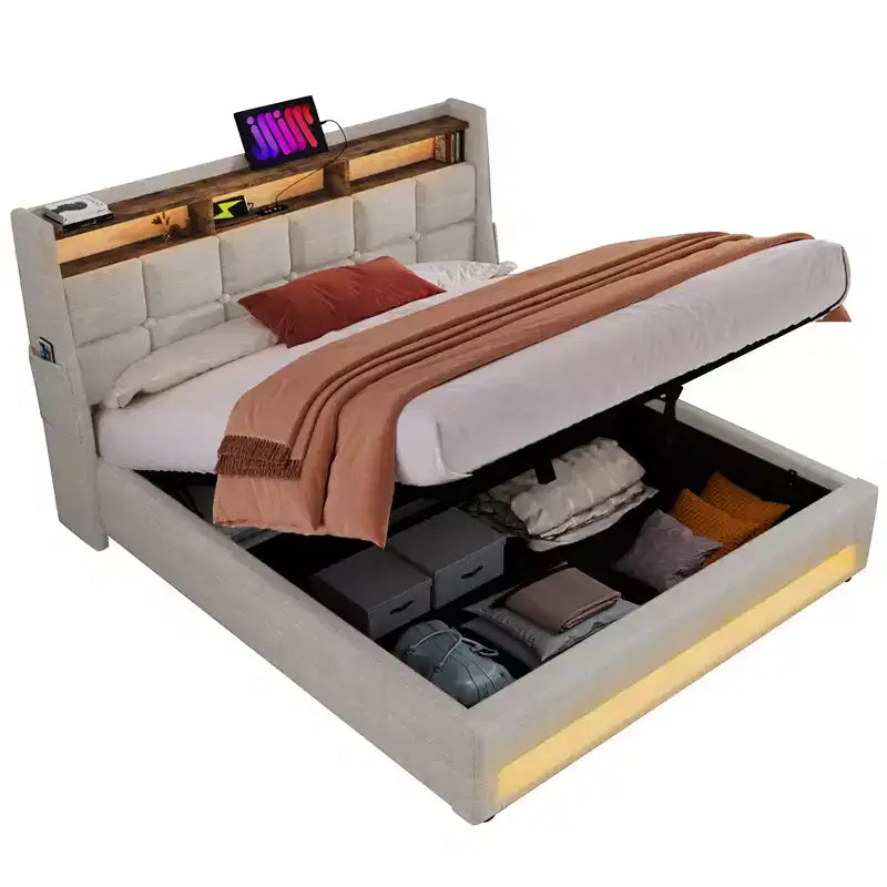 Letto matrimoniale queen size con contenitore idraulico, LED, USB, testiera imbottita, senza rete a doghe, facile da montare