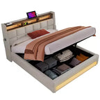 Letto matrimoniale queen size con contenitore idraulico, LED, USB, testiera imbottita, senza rete a doghe, facile da montare
