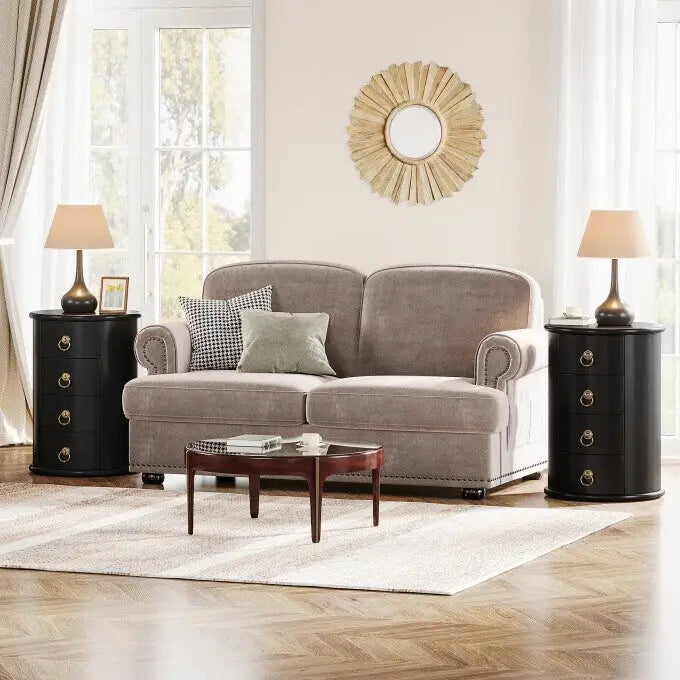 Montagefreier Beistelltisch aus Massivholz, runder Vintage-Tisch mit seitlichen Schubladen