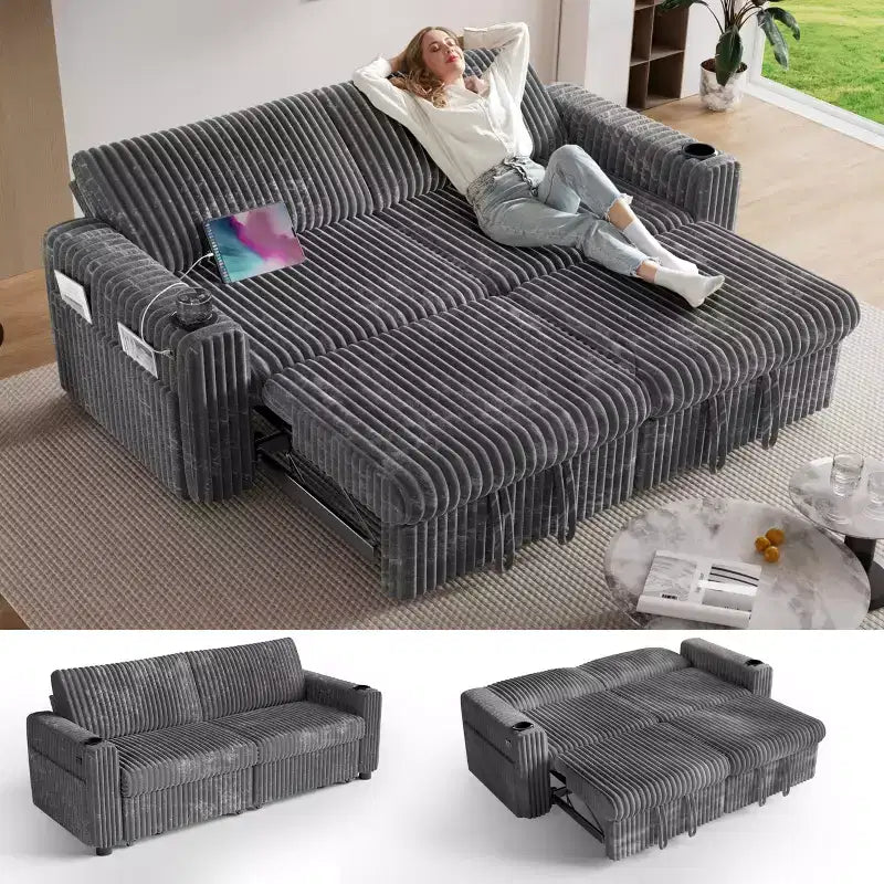 Divano letto componibile Dyonery 91 con letto estraibile, schienale reclinabile, due letti estraibili, porte USB e portabicchieri, in morbido velluto a coste