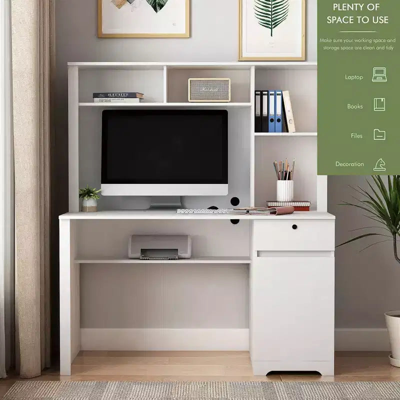 Moderne computerbureau van 51,18 inch met opzetkast en boekenkast, kantoorbureau met veel opbergruimte, schrijf bureau voor studeerkamer en leesruimte