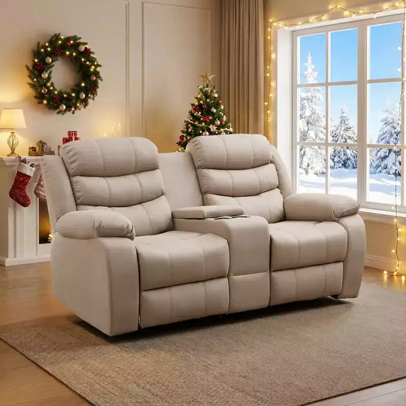 Divanetto reclinabile in tessuto tecnico beige/grigio, 2 posti, con schienale e poggiapiedi regolabili