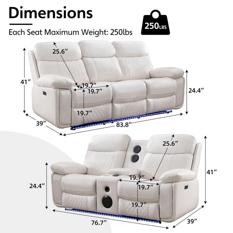 Elektrisch verstellbares Sofa mit kabellosem Ladegerät, Leselicht, LED-Beleuchtung für das Wohnzimmer, Kunstleder, AC-/USB-Anschluss, Getränkehalter, Schwarz