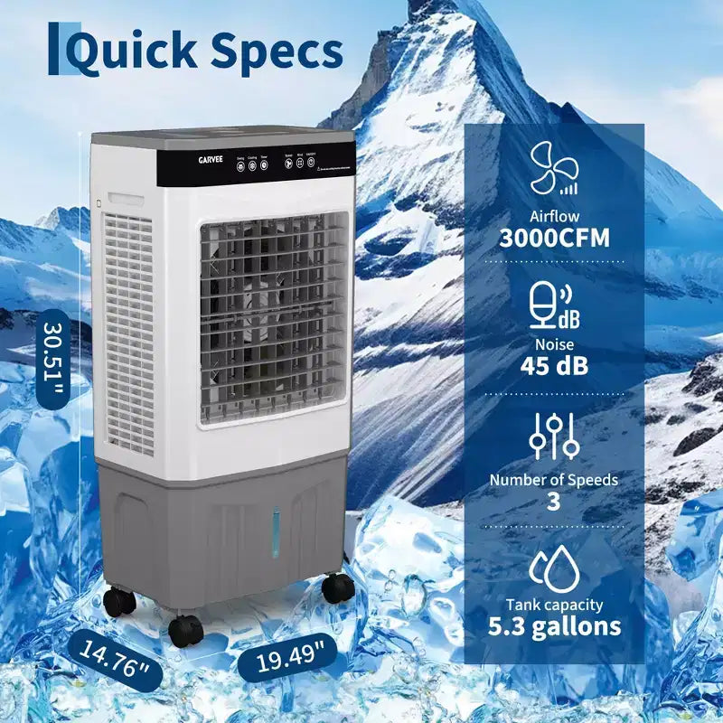 Luchtkoeler, verdampende luchtkoeler met watertank, 4 ijspakketten, 3 snelheden, 120° oscillatie, afstandsbediening en timer van 12 uur, draagbaar vloermodel van 150 W