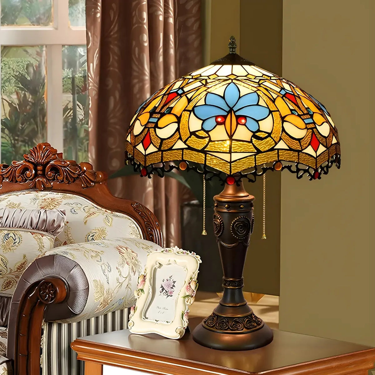 HomeyFad Vintage-Tischlampe mit 2 Leuchten, Edelstahlsockel und gläsernem Kuppelschirm