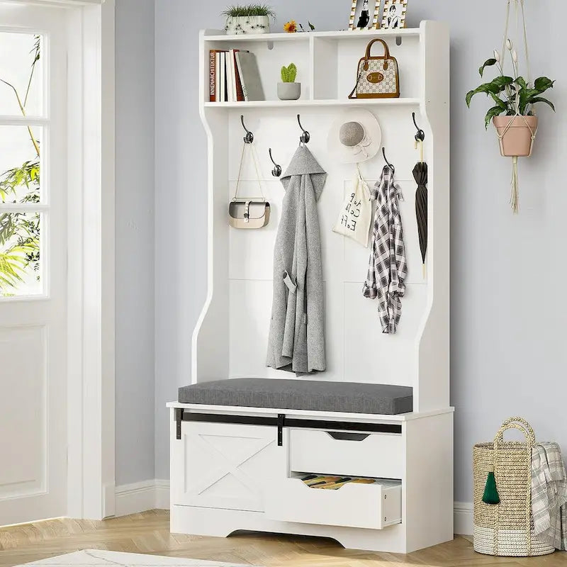 Appendiabiti da ingresso con panca e vano portascarpe, con anta in stile fienile