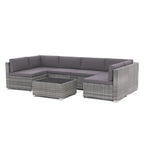 7-delige outdoor loungeset van vlechtwerk en staal met kussens