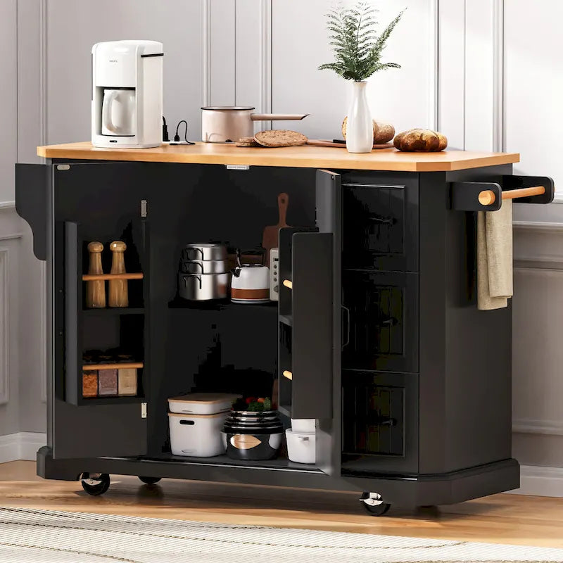 Expandable Drop-Leaf Kitchen Island, Kitchen Cart on 4 Wheels with Power Outlet, Moveable Island Table with 2 Door & 6 Drawers