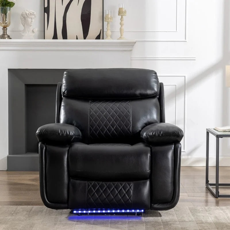 Elektrisch verstellbares Sofa mit kabellosem Ladegerät, Leselicht, LED-Beleuchtung für das Wohnzimmer, Kunstleder, AC-/USB-Anschluss, Getränkehalter, Schwarz