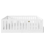 White Twin Montessori Floor Bed with Fence Rails & Door 鈥?Solid Wood, 1 Child