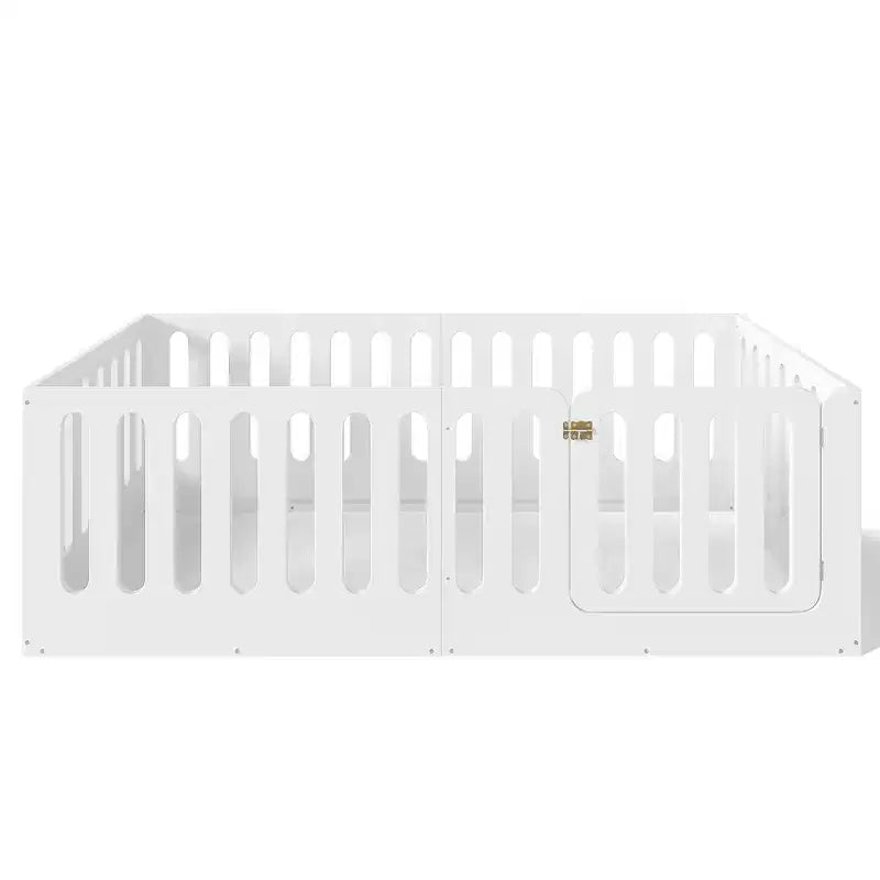White Twin Montessori Floor Bed with Fence Rails & Door 鈥?Solid Wood, 1 Child