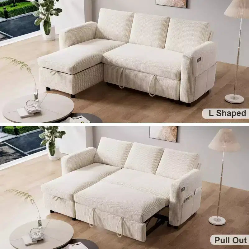 Dyonery Divano letto estraibile 2 in 1 con chaise longue contenitore, divano componibile in velluto a coste C con porte USB per il soggiorno