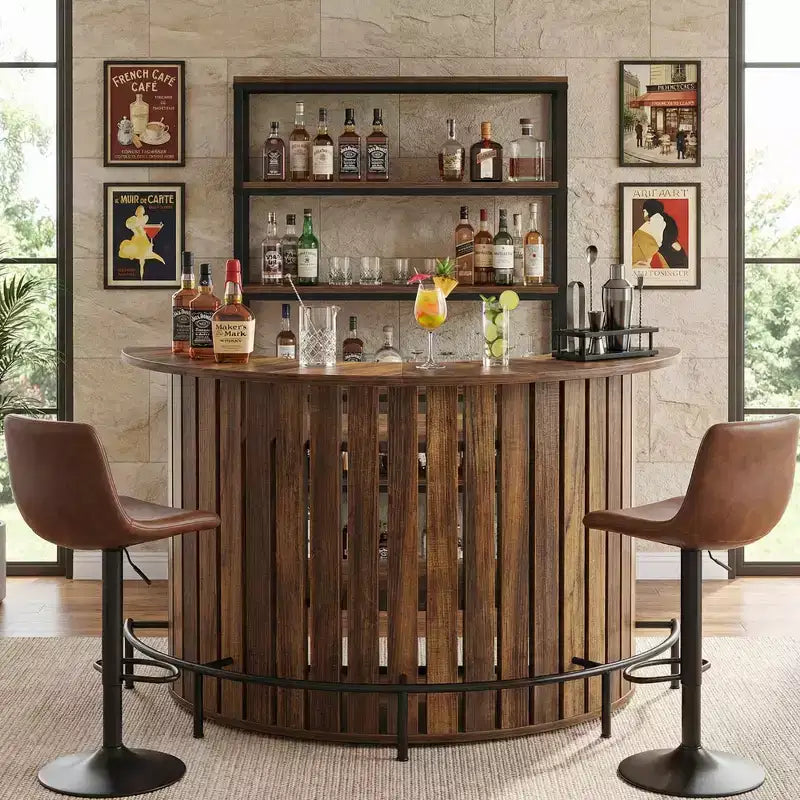 Boogvormige minibartafel met 4 opbergniveaus, modern-rustieke barkast voor thuis met voetensteun en MDF-constructie