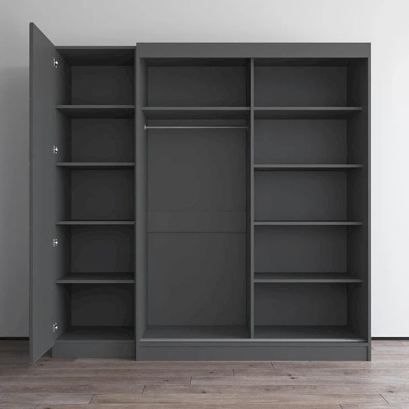 2-türiger Kleiderschrank mit Spiegel und Glasfront für 2 Personen (Grau/Schwarz/Weiß)