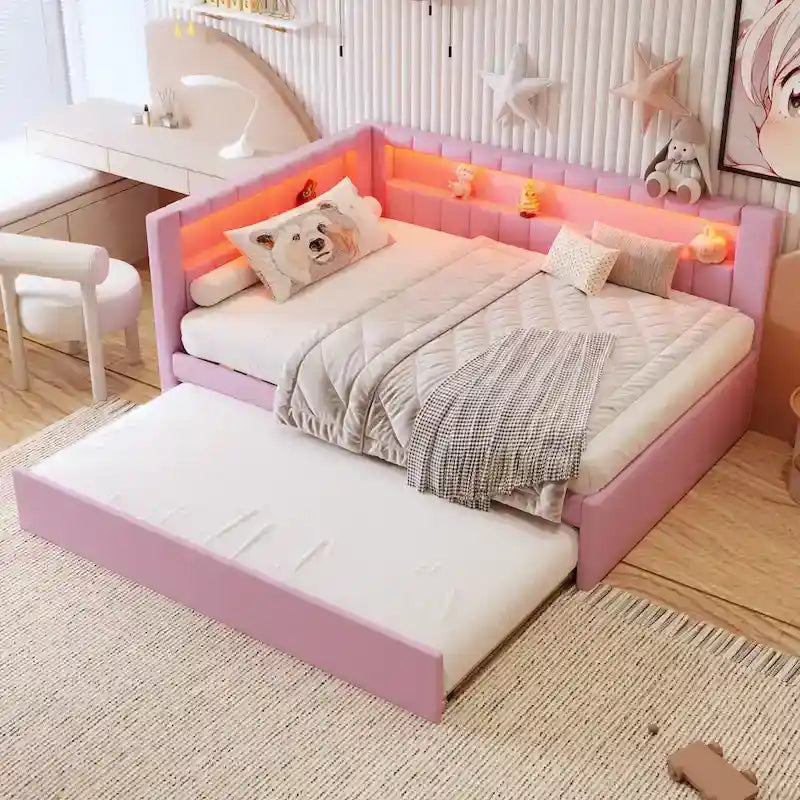 Gestoffeerd platformbed met USB-poorten en ledverlichting - bedframe voor tweepersoonsbed/twin-size met 2 opberglades - moderne slaapkamer