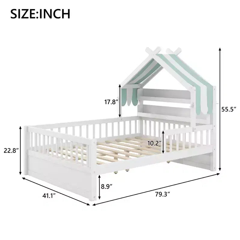 Letto a casetta in legno ModernLuxe per letto singolo/matrimoniale con testiera contenitore, struttura letto per bambini in pino massello con sponde di sicurezza