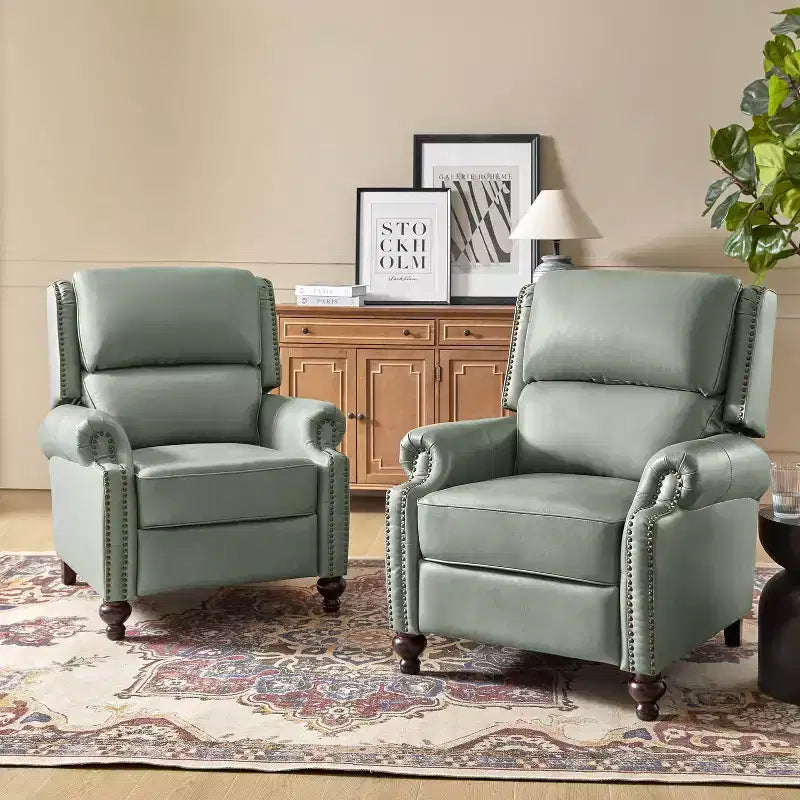 Set van 2 moderne Elisabete-fauteuils met hoge rugleuning van echt leer en vintage spijkerkopafwerking voor woonkamer en slaapkamer| ART OF LIVING DESIGNS