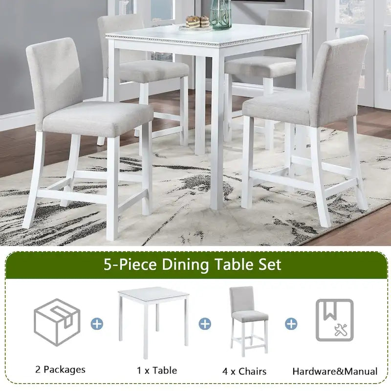 Set da pranzo moderno da 5 pezzi con tavolo quadrato ad altezza bancone e 4 sedie imbottite