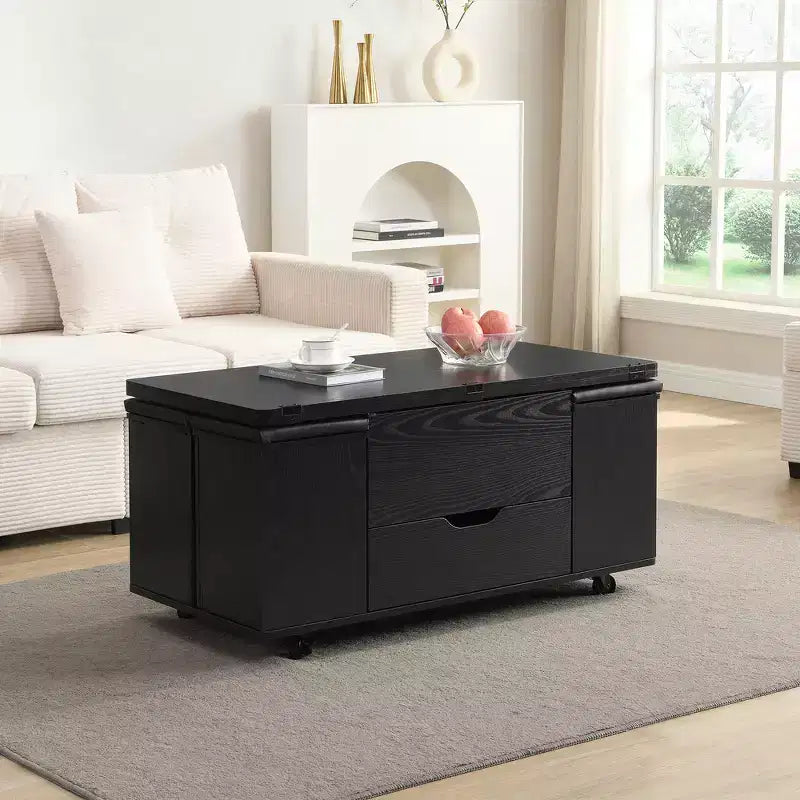 Multifunktionaler moderner Couchtisch mit Liftplatte, verborgenem Stauraum, 4 Hockern und Rollen – perfekt für moderne Wohnbereiche