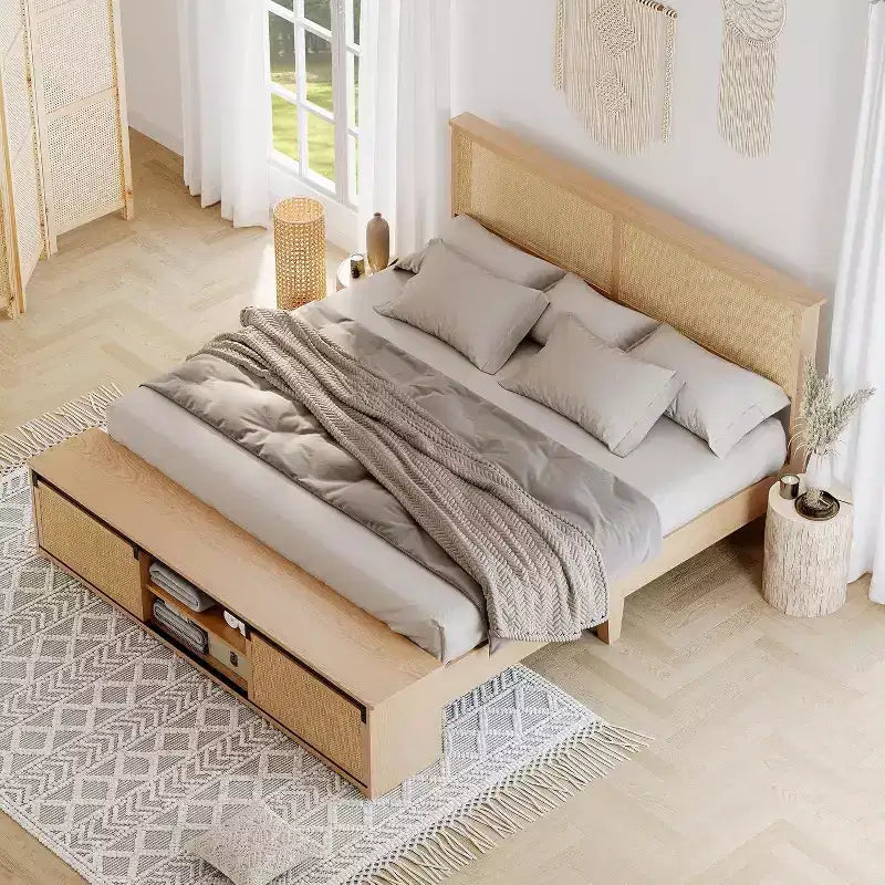 Boho-Landhaus-Bettgestell aus natürlichem Rattan mit Schiebetür-Stauraum im Scheunentorstil und Kopfteil mit LED-Beleuchtung, massive Holzstützbeine.