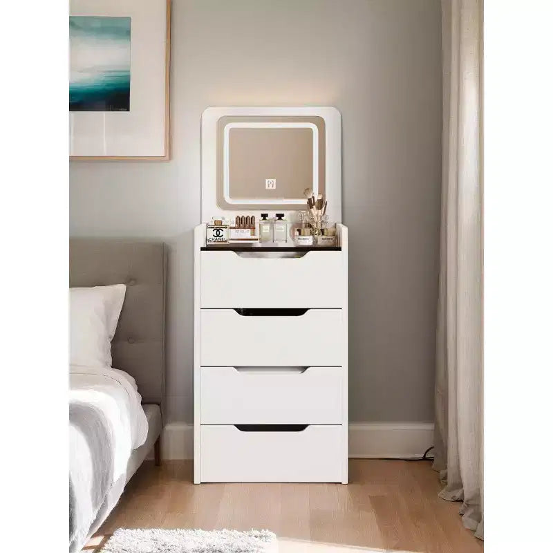 Toeletta 3-in-1 Okak con specchio ribaltabile, toeletta compatta con piano in vetro trasparente e sgabello imbottito, scrivania da toeletta per camera da letto