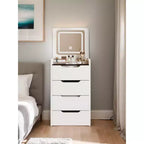 Toeletta 3-in-1 Okak con specchio ribaltabile, toeletta compatta con piano in vetro trasparente e sgabello imbottito, scrivania da toeletta per camera da letto