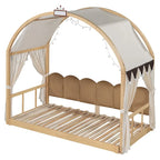 Letto Montessori a piattaforma in legno massello a forma di casetta, con tetto ad arco e letto estraibile, per bambine e bambini