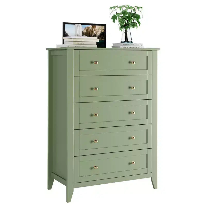 Hoge ladekast van 42,5 inch met 5 laden voor de slaapkamer, houten opbergkast met laden van 11,9 inch diep en gouden metalen knoppen, ideaal voor hal of entree