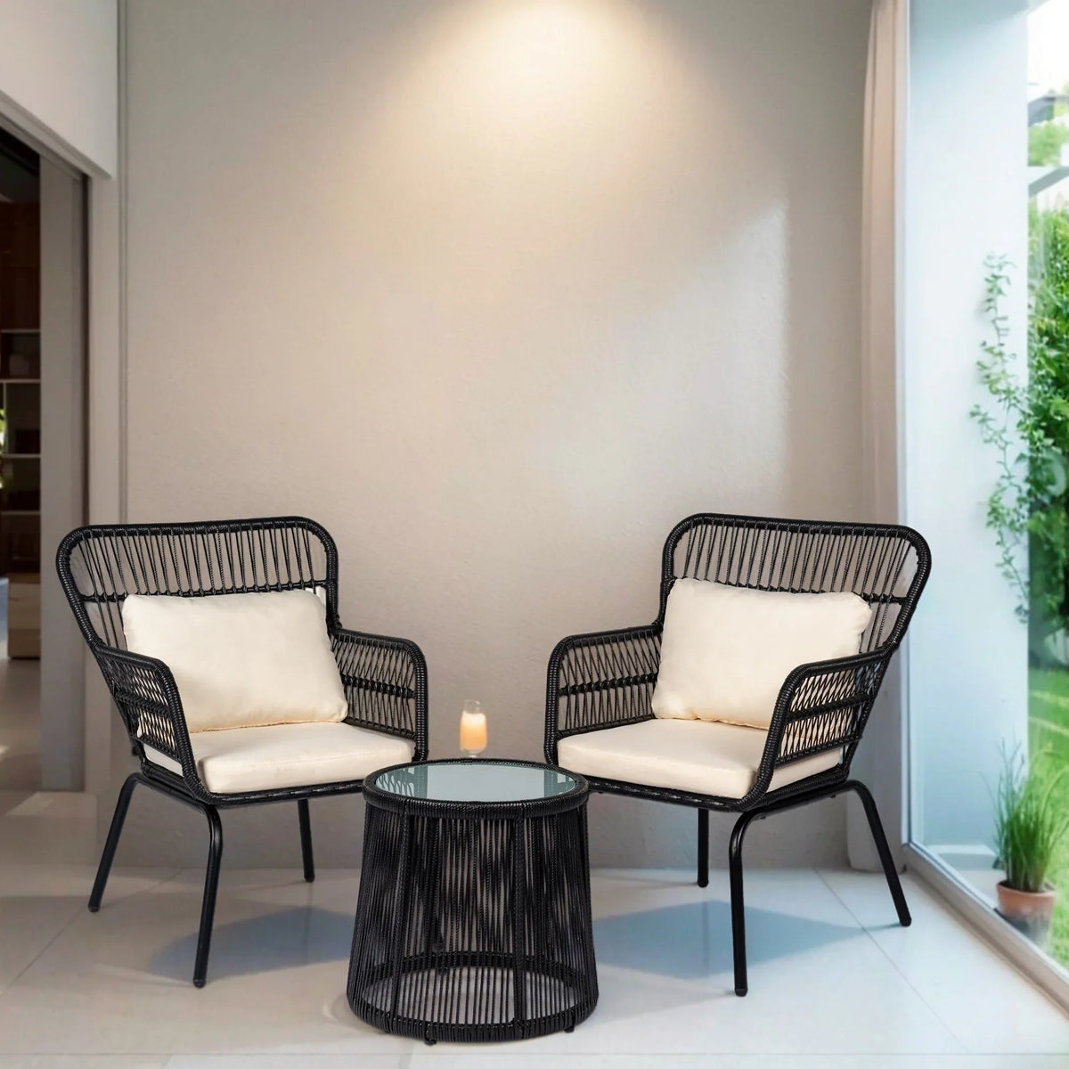 3-teiliges Outdoor-Bistro-Set aus Korbgeflecht, wetterfestes Rattan-Gartenmöbelset mit Stühlen und Sitzkissen