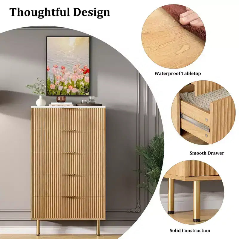 Weiß / Marmor und Holz, Kommode mit 5 Schubladen – geriffelte Front, für 1 Person